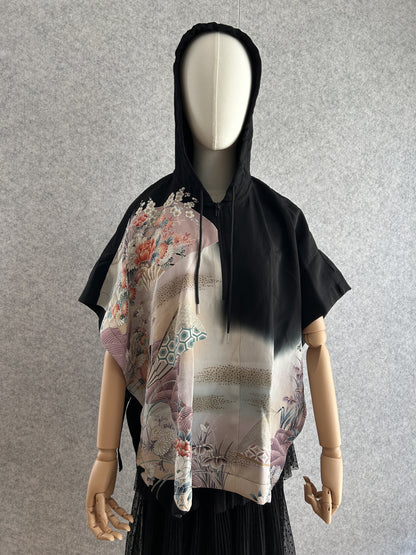 Black hooded kimono poncho with pastel floral and fan design, front view