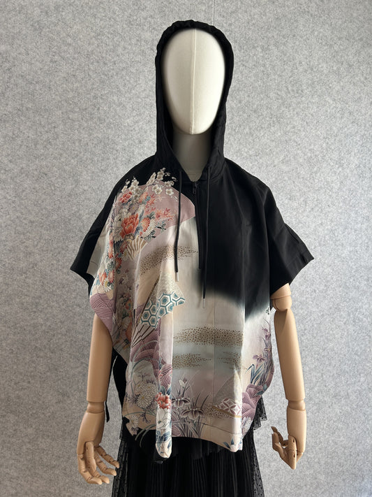 Black hooded kimono poncho with pastel floral and fan design, front view
