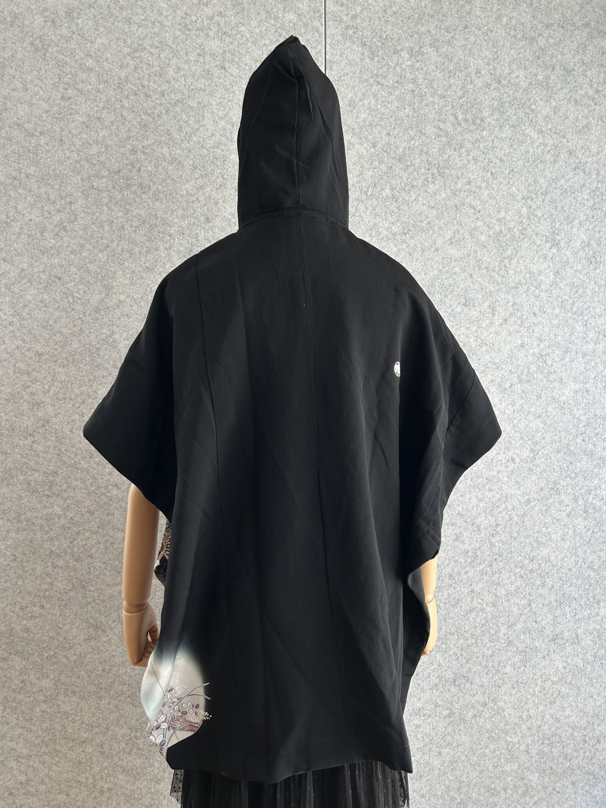 Black hooded kimono poncho, plain black back view with hood
