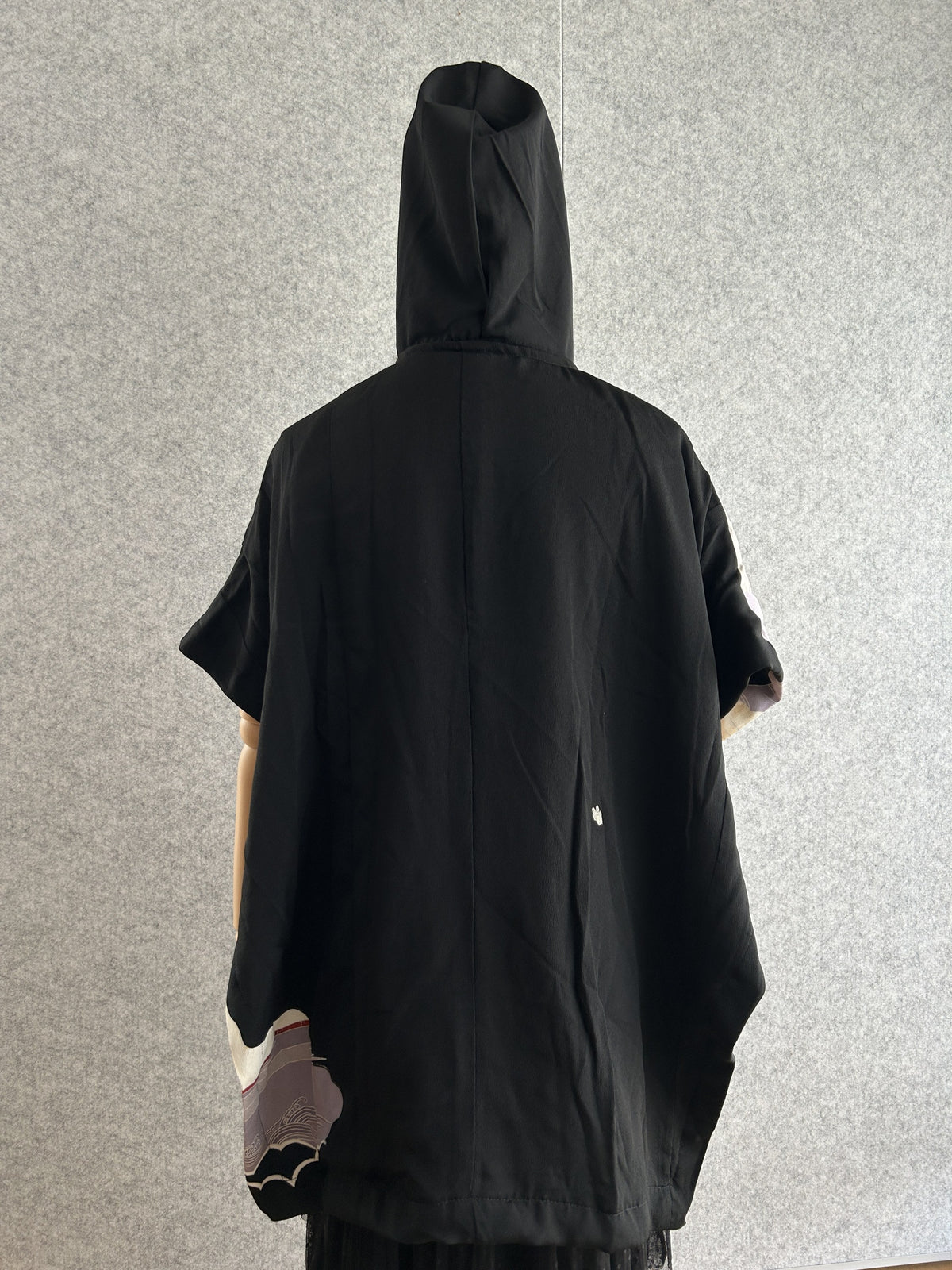 Black hooded kimono poncho, plain black back view with hood