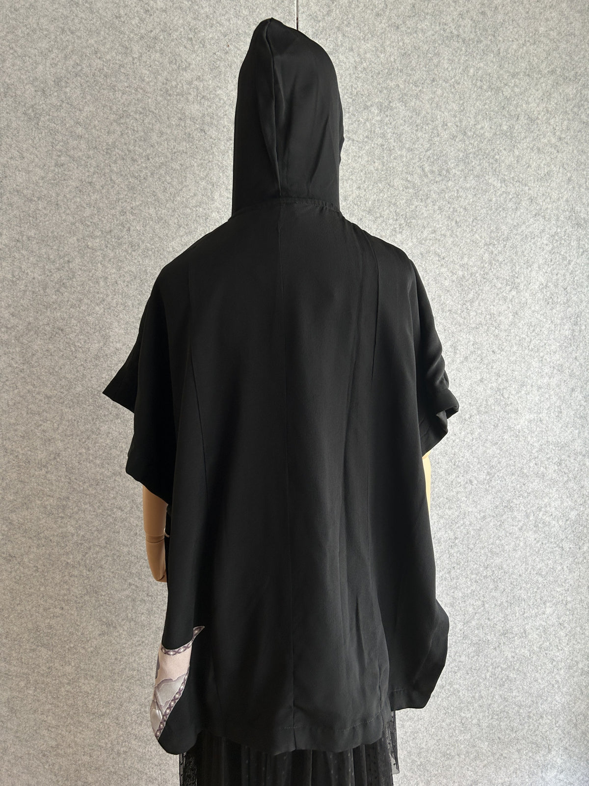 Black hooded kimono poncho, plain black back view with hood