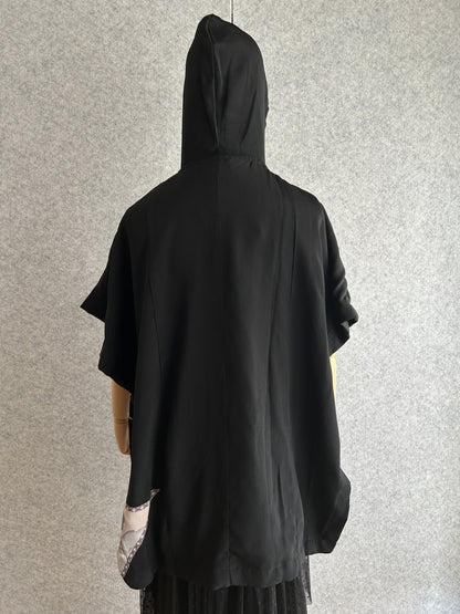 Black hooded kimono poncho, plain black back view with hood