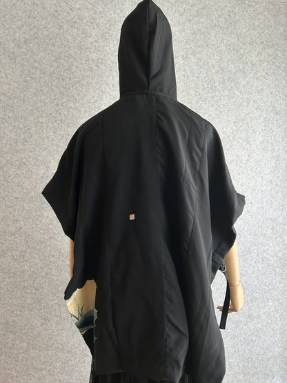 Black hooded kimono poncho, plain black back view with hood