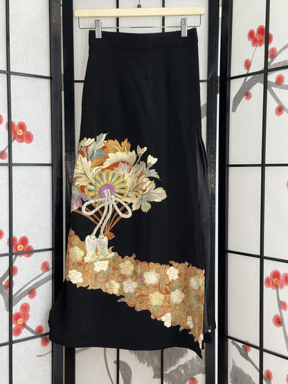 Black high slit kimono skirt with fan and floral design, full view