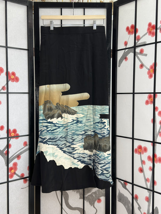 Black high slit kimono skirt with blue wave seascape, front view