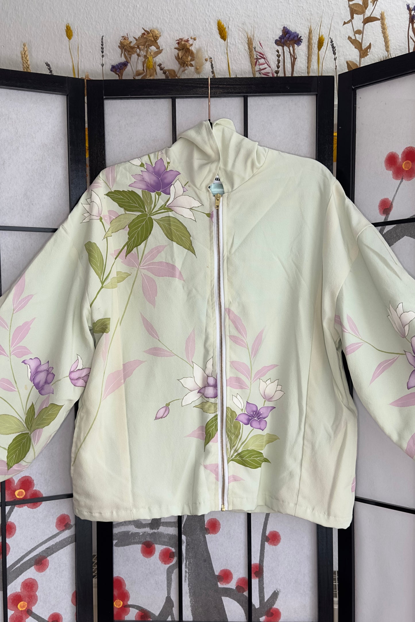 Upcycled Kimono Hoodie with Zipper Light green