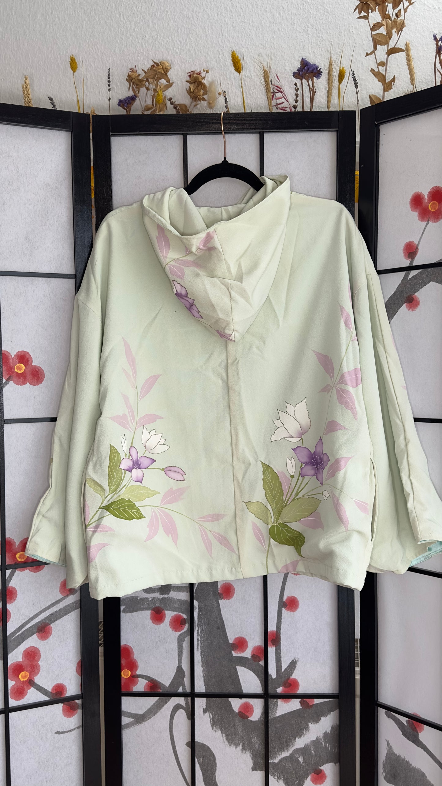 Upcycled Kimono Hoodie with Zipper Light green