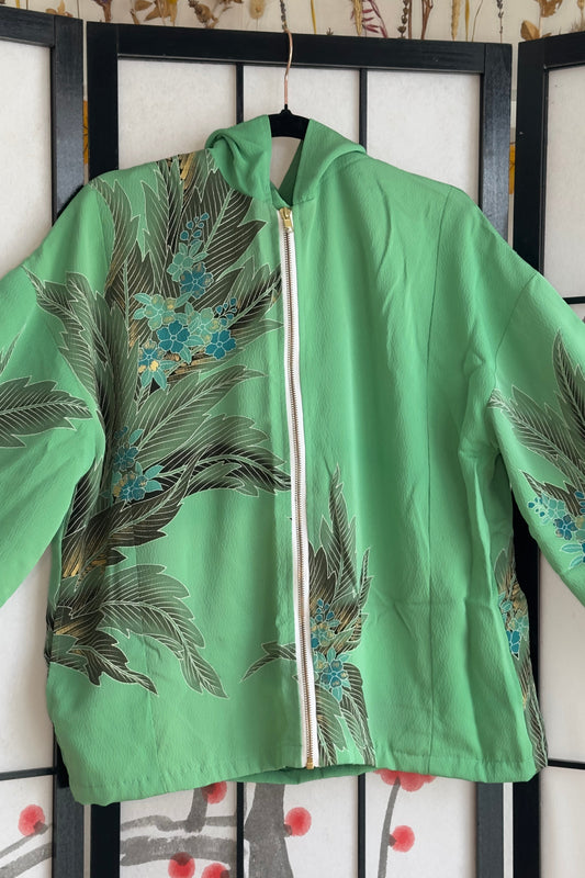 Upcycled Kimono Regular Hoodie with Zipper Green hand Painted