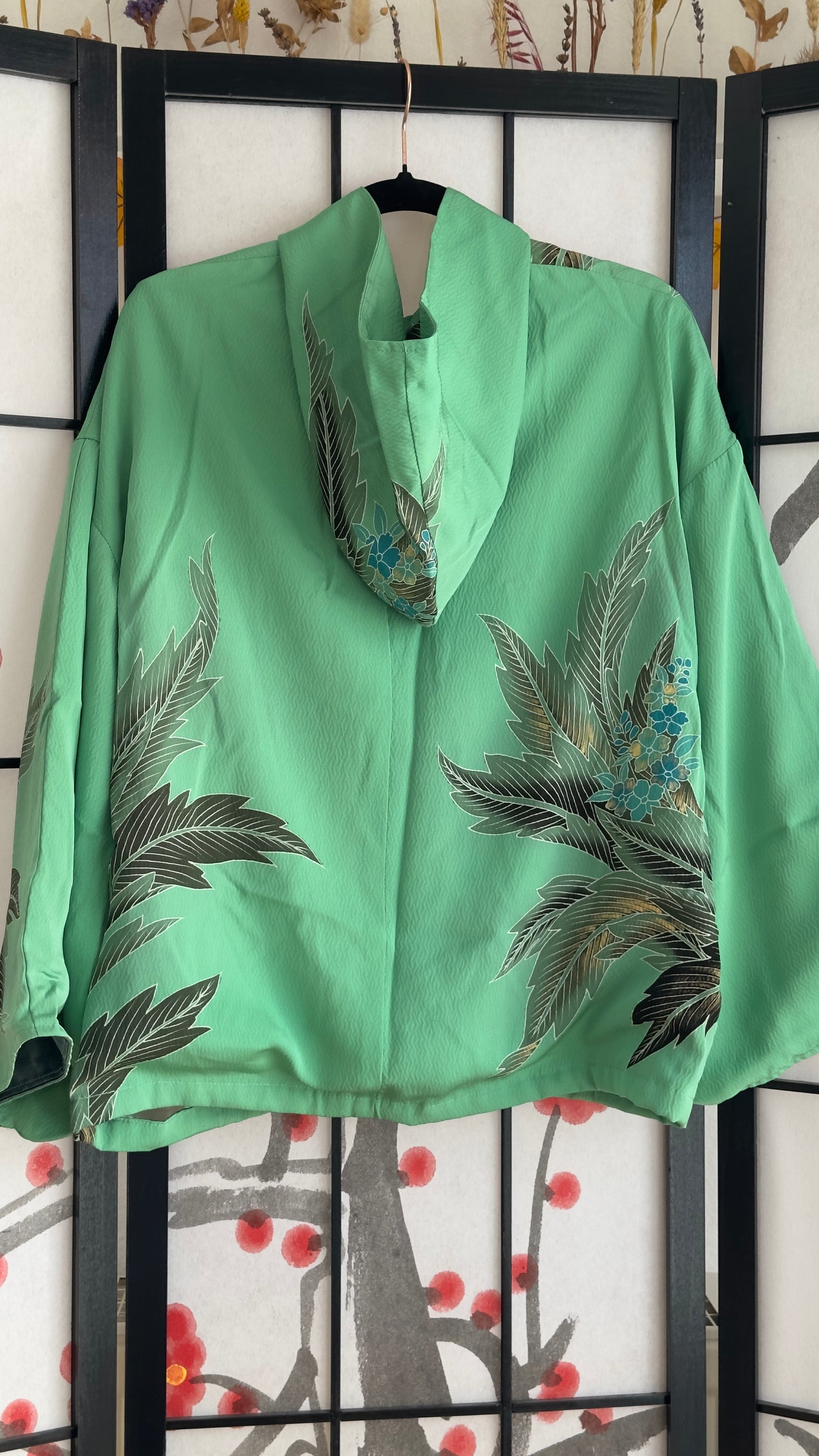 Upcycled Kimono Regular Hoodie with Zipper Green hand Painted