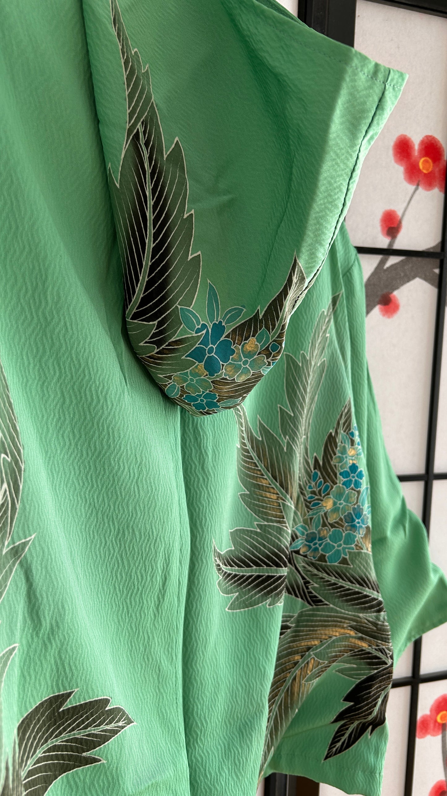 Upcycled Kimono Regular Hoodie with Zipper Green hand Painted