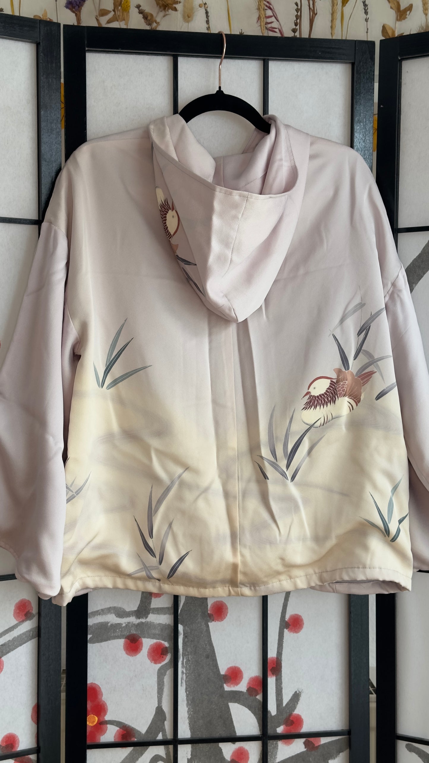 Upcycled Kimono Regular Hoodie with Zipper Light Lavender hand Painted