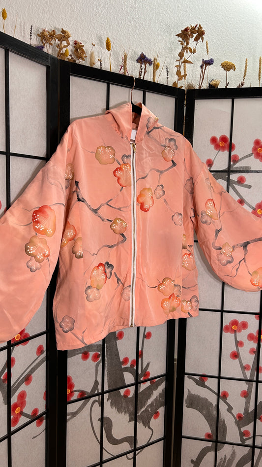 Upcycled kimono zip hoodie HWZ3787, salmon-pink silk with plum blossoms, back view