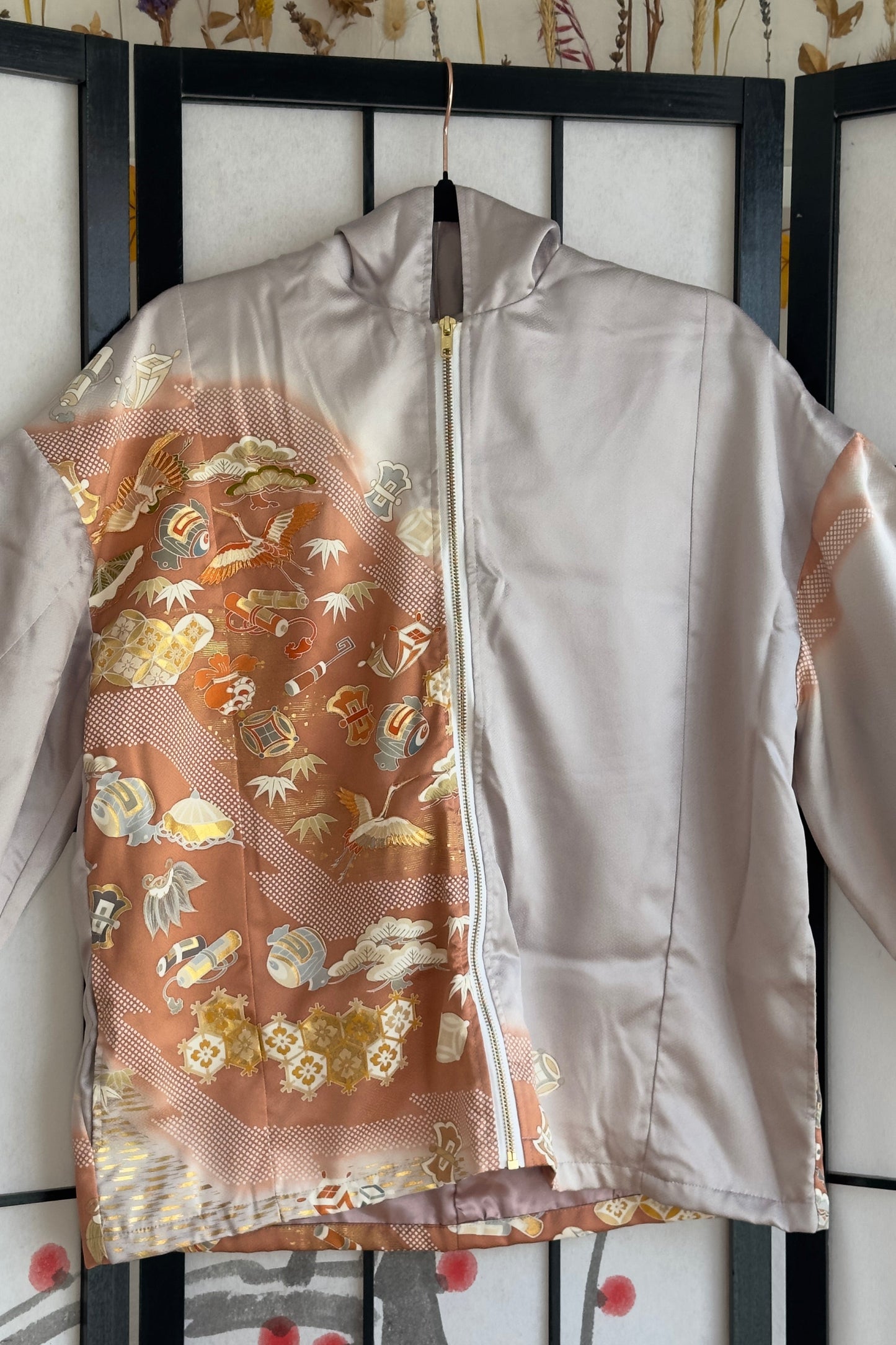 Upcycled Kimono Regular Hoodie with Zipper Lavender hand Painted