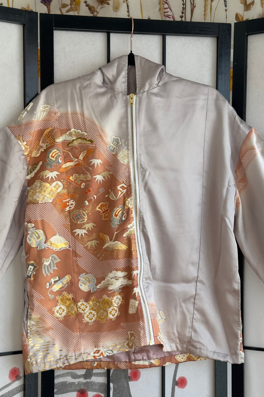 Upcycled Kimono Regular Hoodie with Zipper Lavender hand Painted
