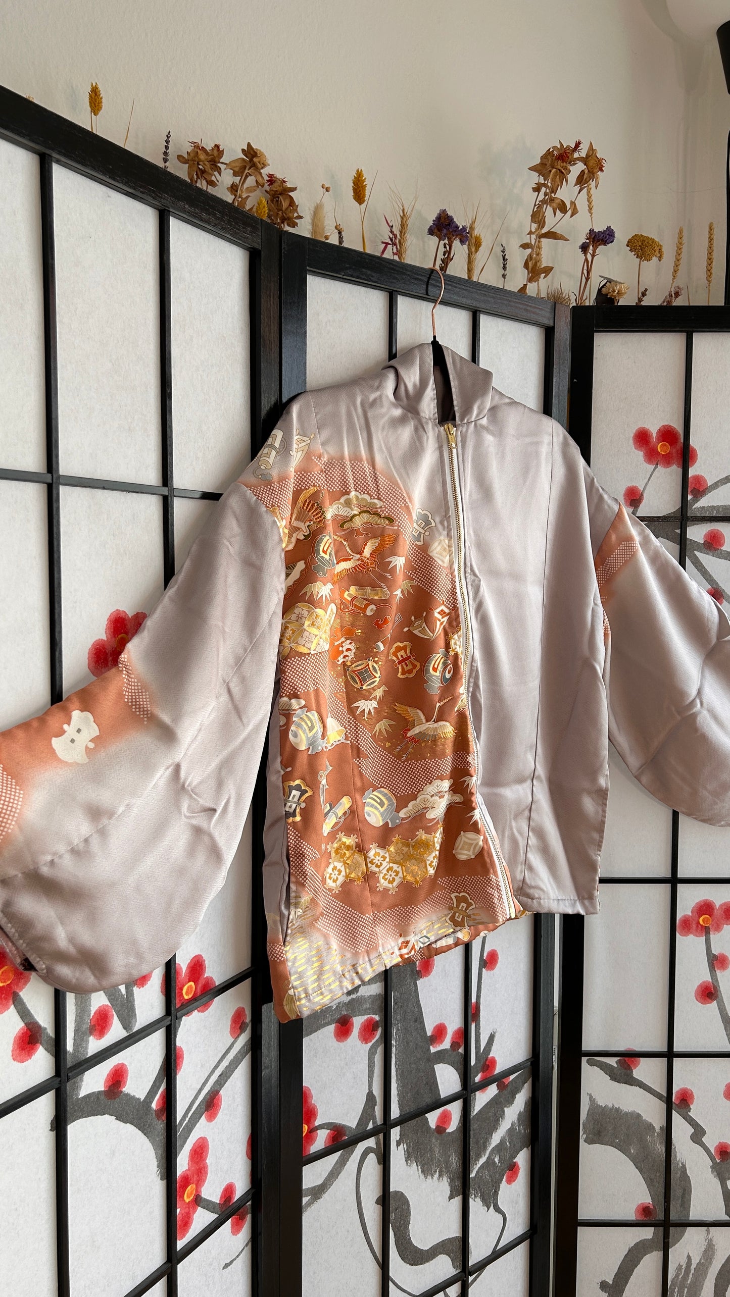 Upcycled Kimono Regular Hoodie with Zipper Lavender hand Painted