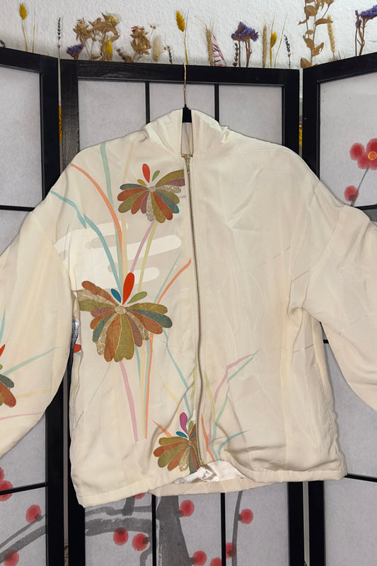 Upcycled Kimono Hoodie with Zipper Cream