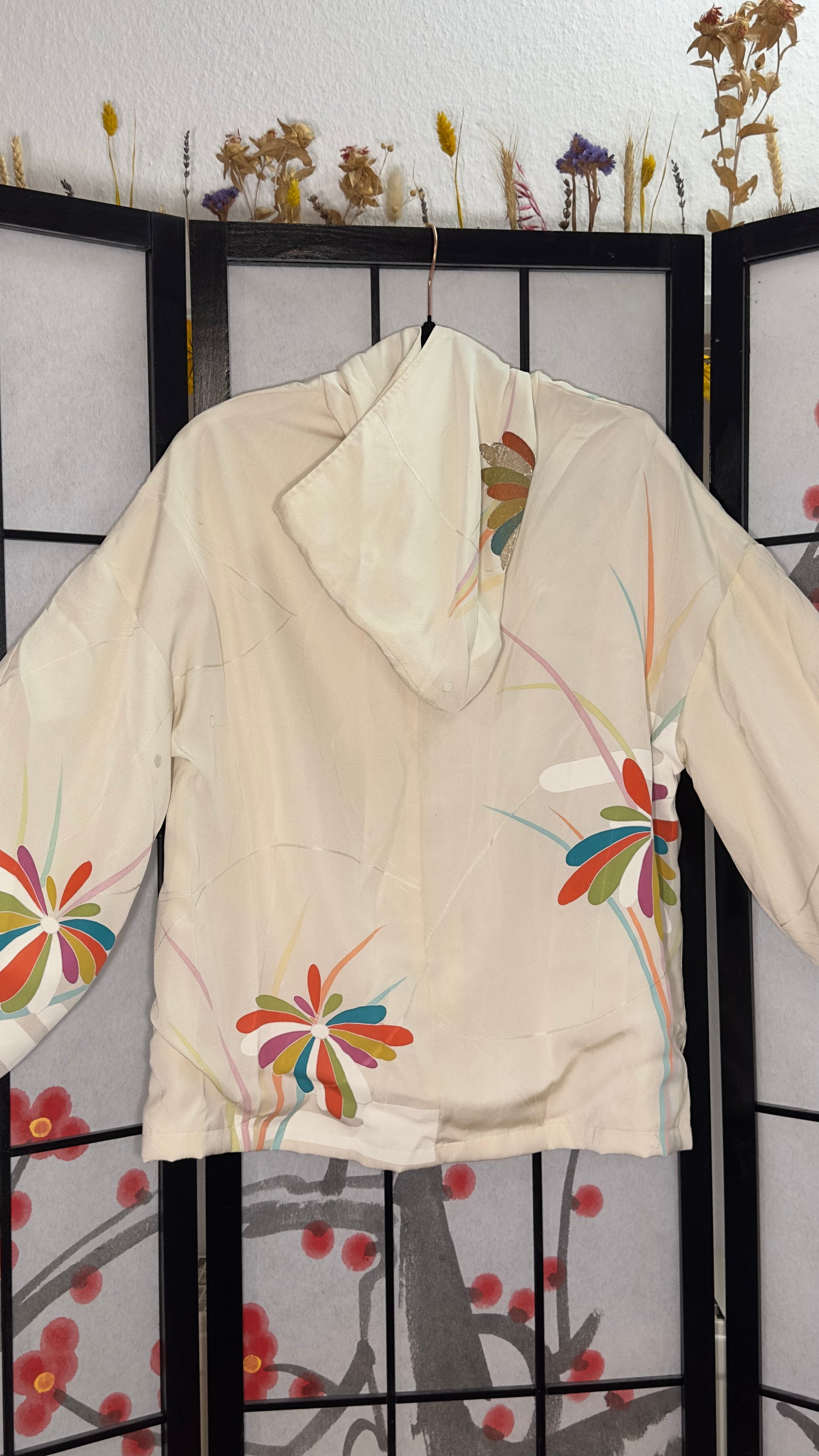 Upcycled Kimono Hoodie with Zipper Cream