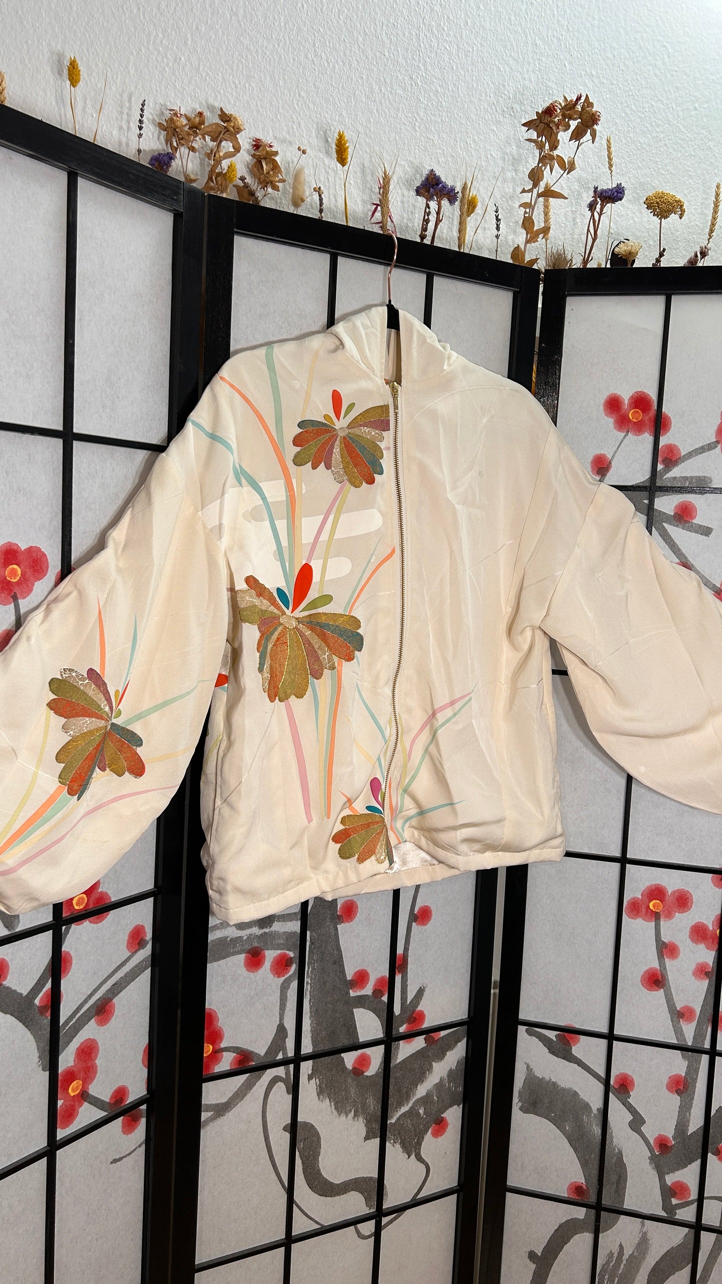 Upcycled Kimono Hoodie with Zipper Cream