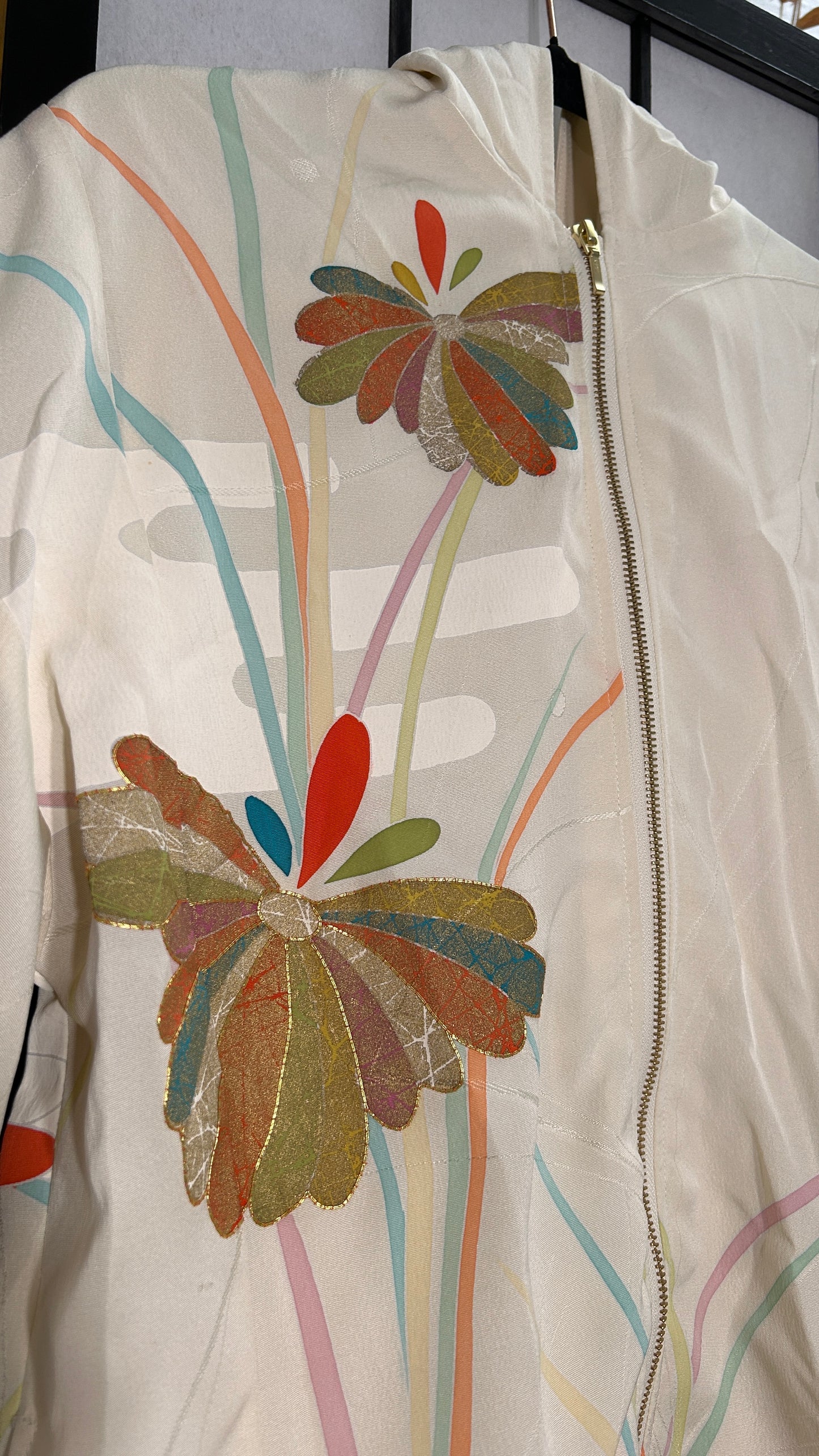 Upcycled Kimono Hoodie with Zipper Cream