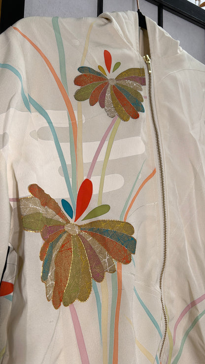 Upcycled Kimono Hoodie with Zipper Cream