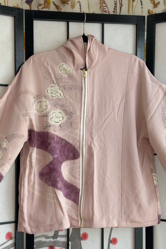 Upcycled Kimono Regular Hoodie with Zipper Light Lavender hand Painted