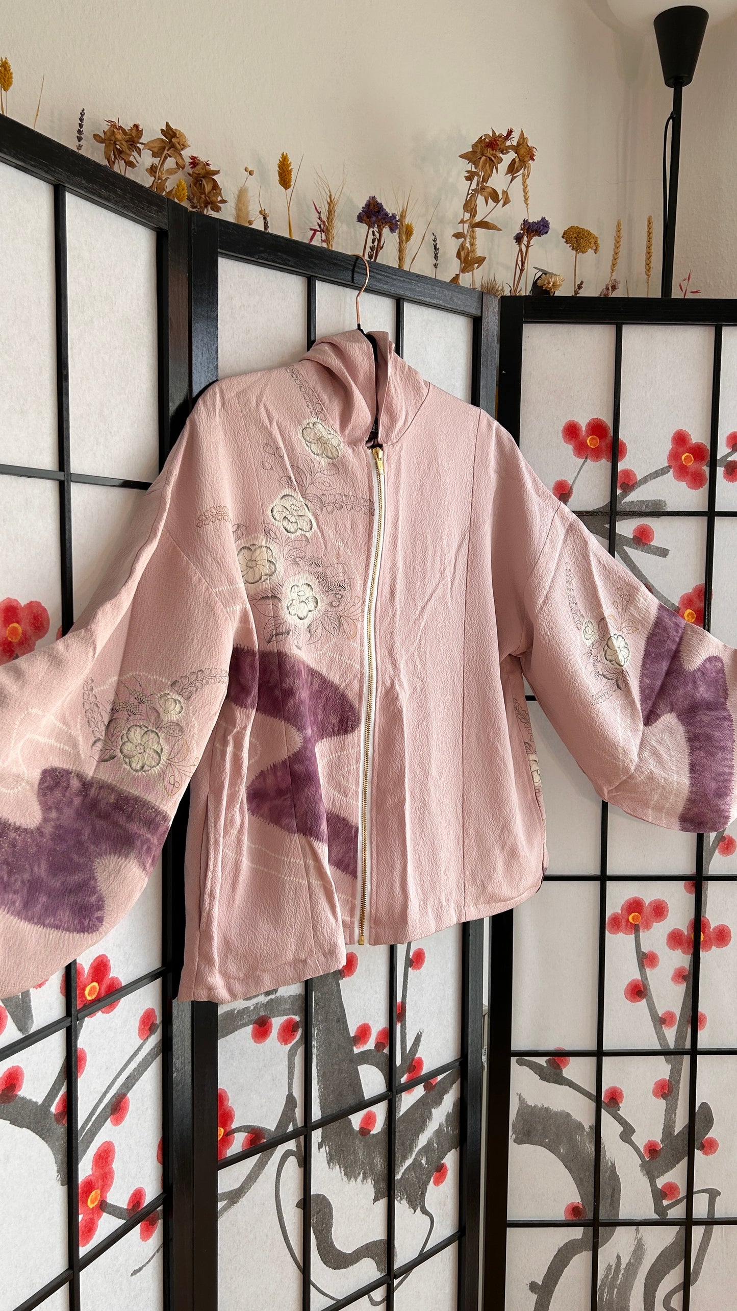 Upcycled Kimono Regular Hoodie with Zipper Light Lavender hand Painted