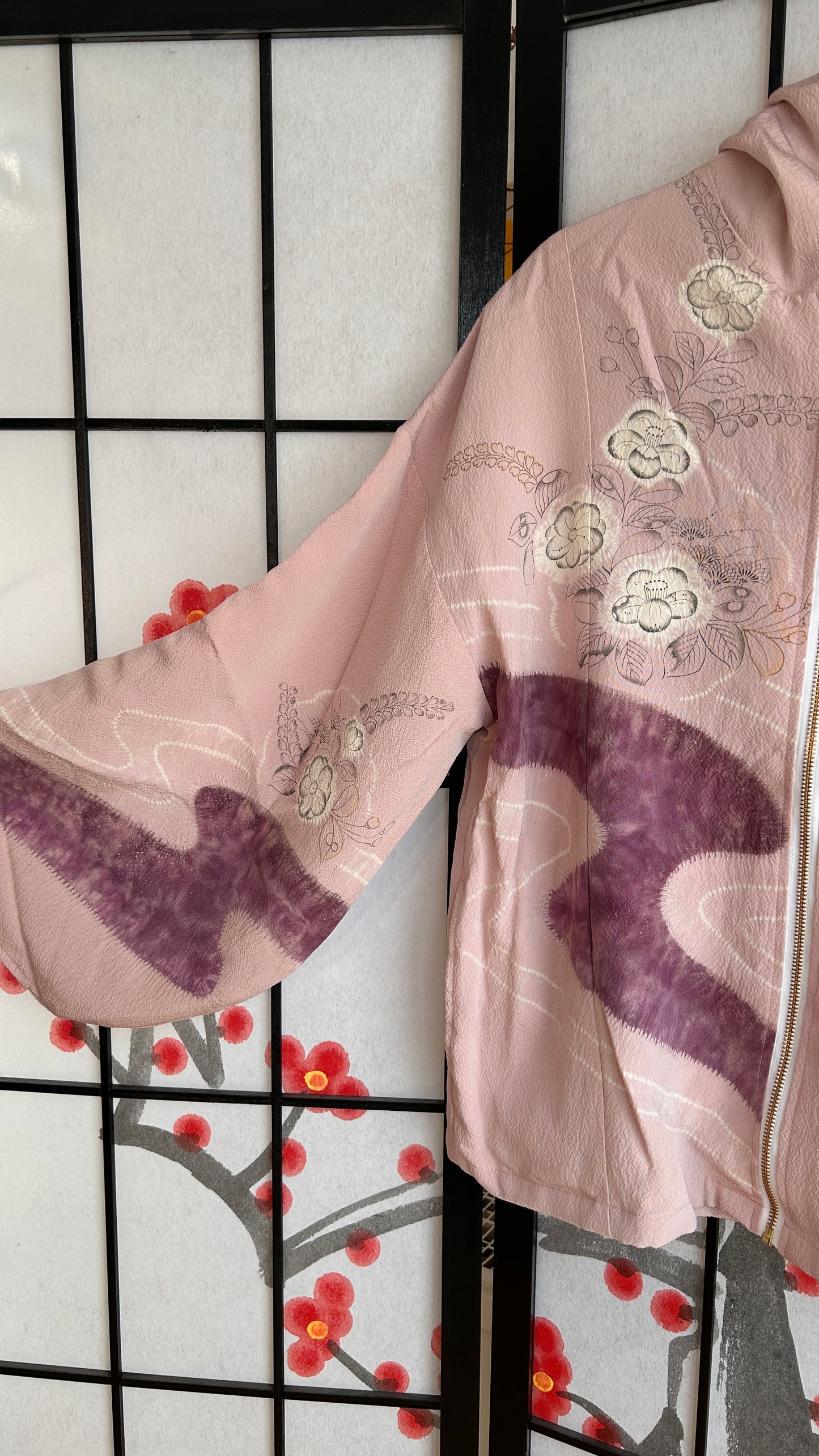 Upcycled Kimono Regular Hoodie with Zipper Light Lavender hand Painted