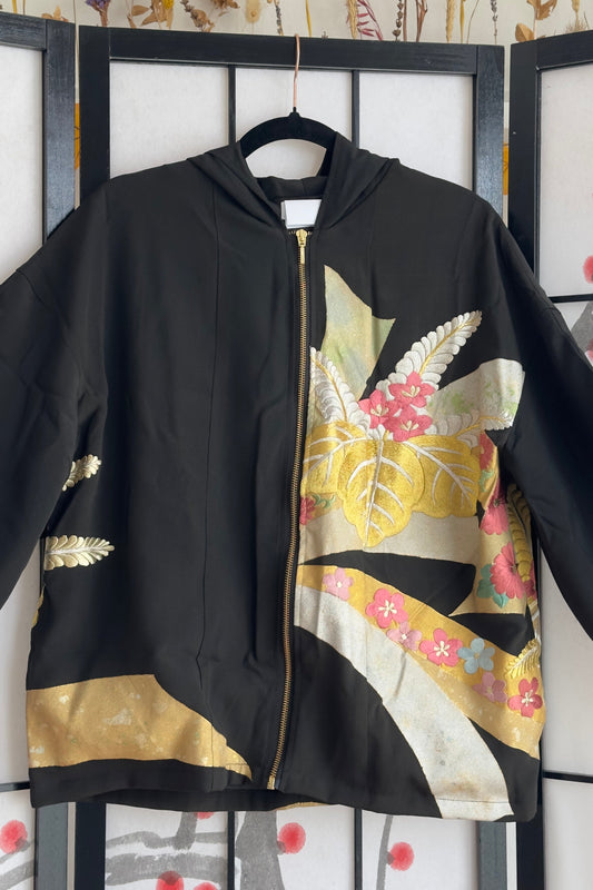 Upcycled Kimono Regular Hoodie with Zipper Black hand Painted Embroidered