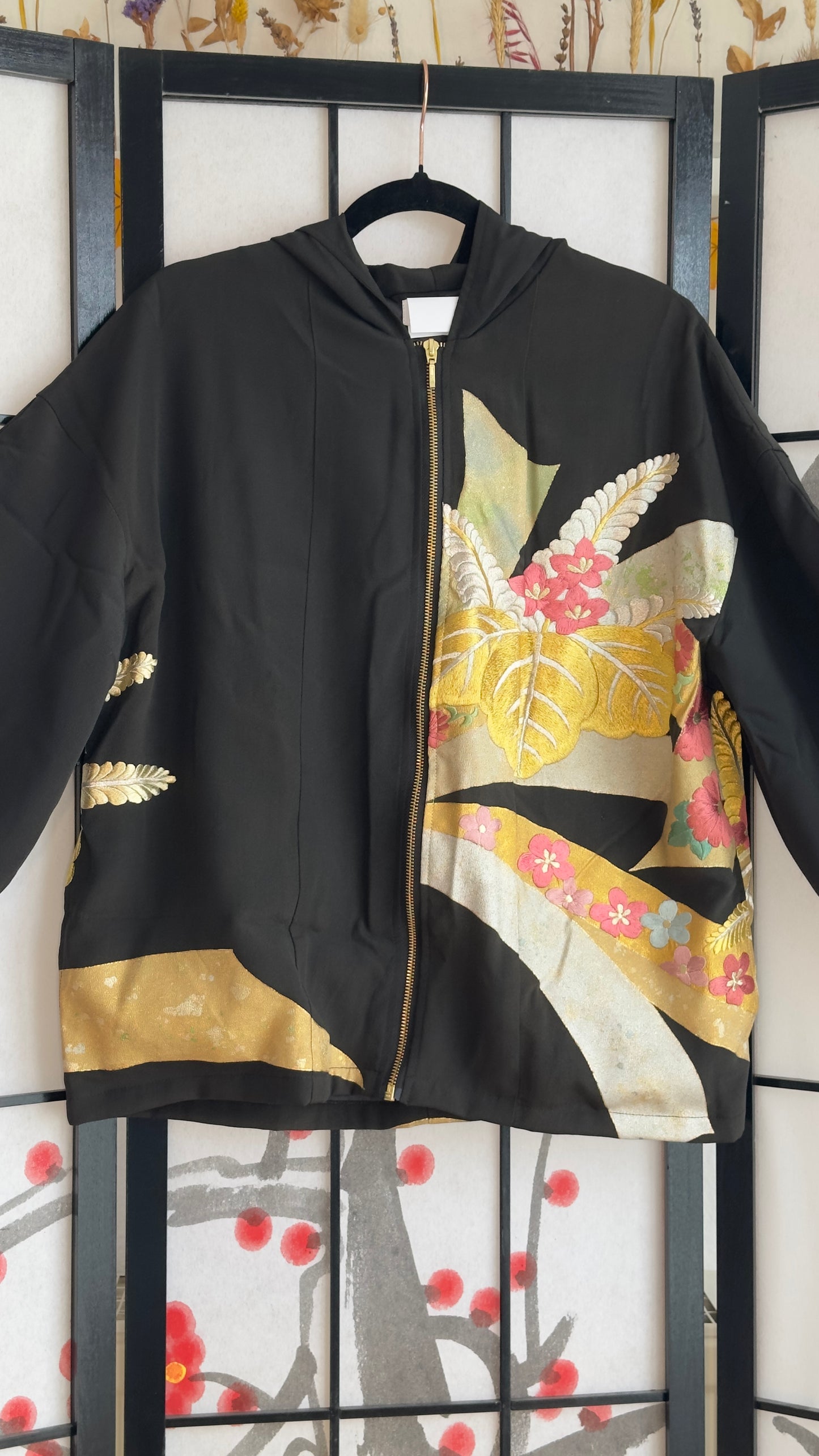 Upcycled Kimono Regular Hoodie with Zipper Black hand Painted Embroidered