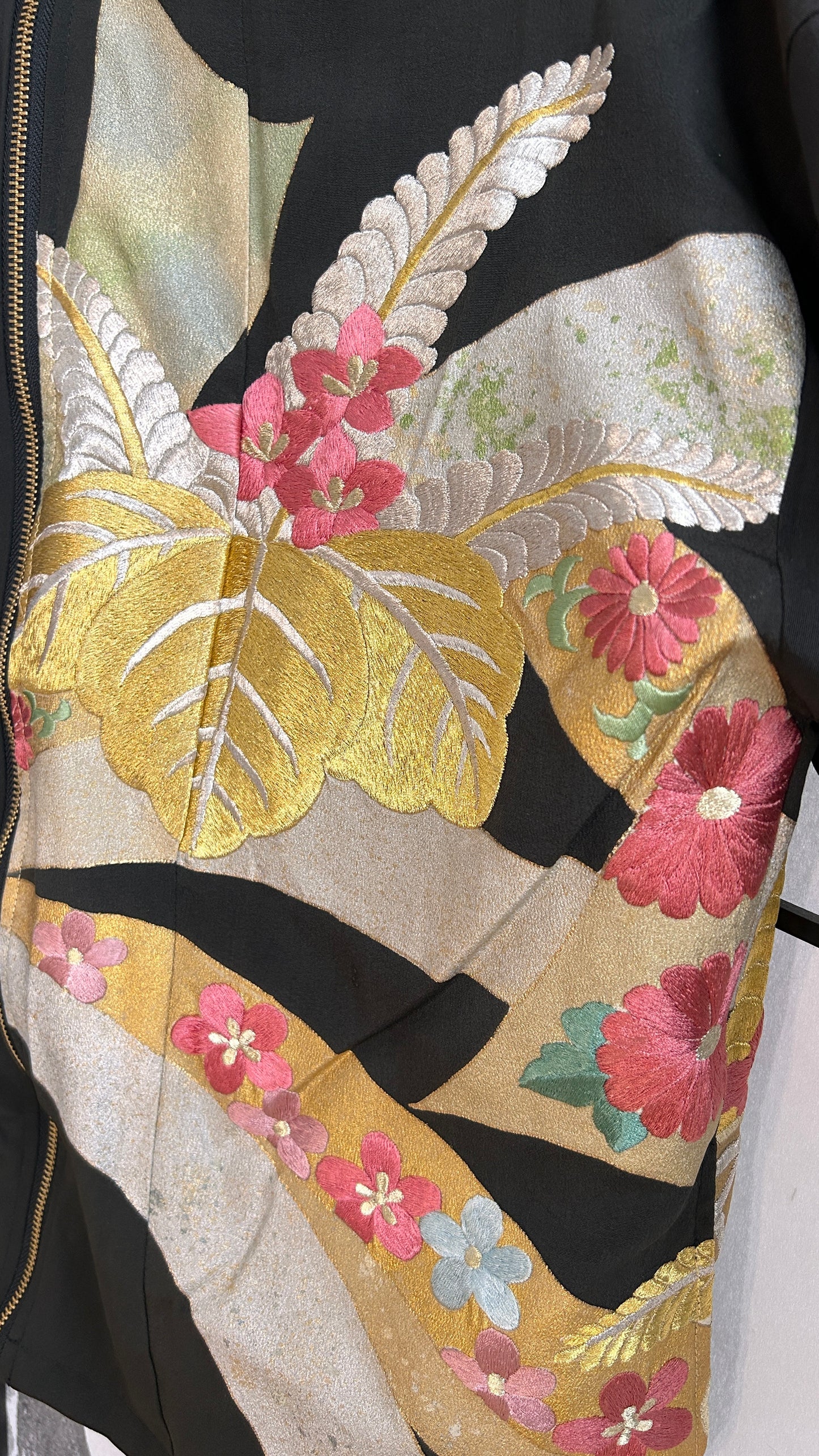 Upcycled Kimono Regular Hoodie with Zipper Black hand Painted Embroidered