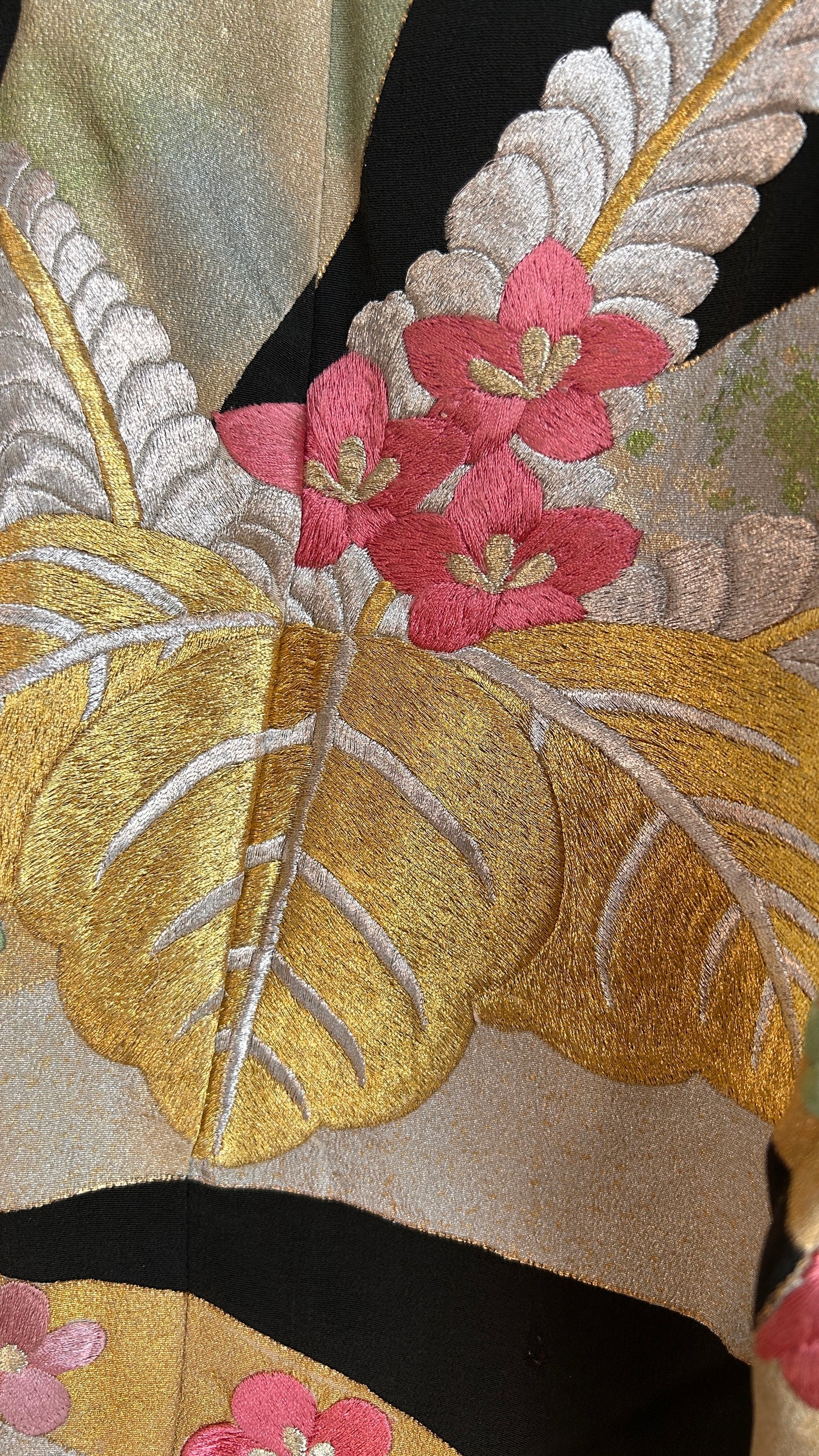 Upcycled Kimono Regular Hoodie with Zipper Black hand Painted Embroidered