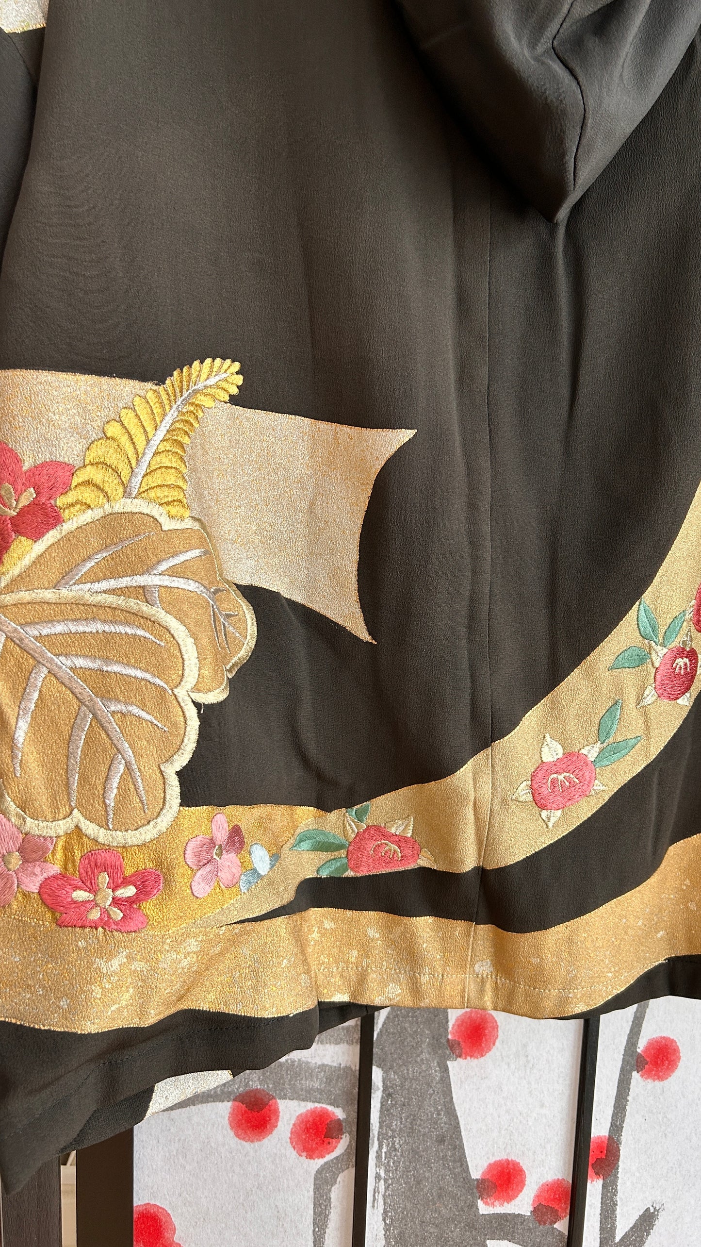 Upcycled Kimono Regular Hoodie with Zipper Black hand Painted Embroidered