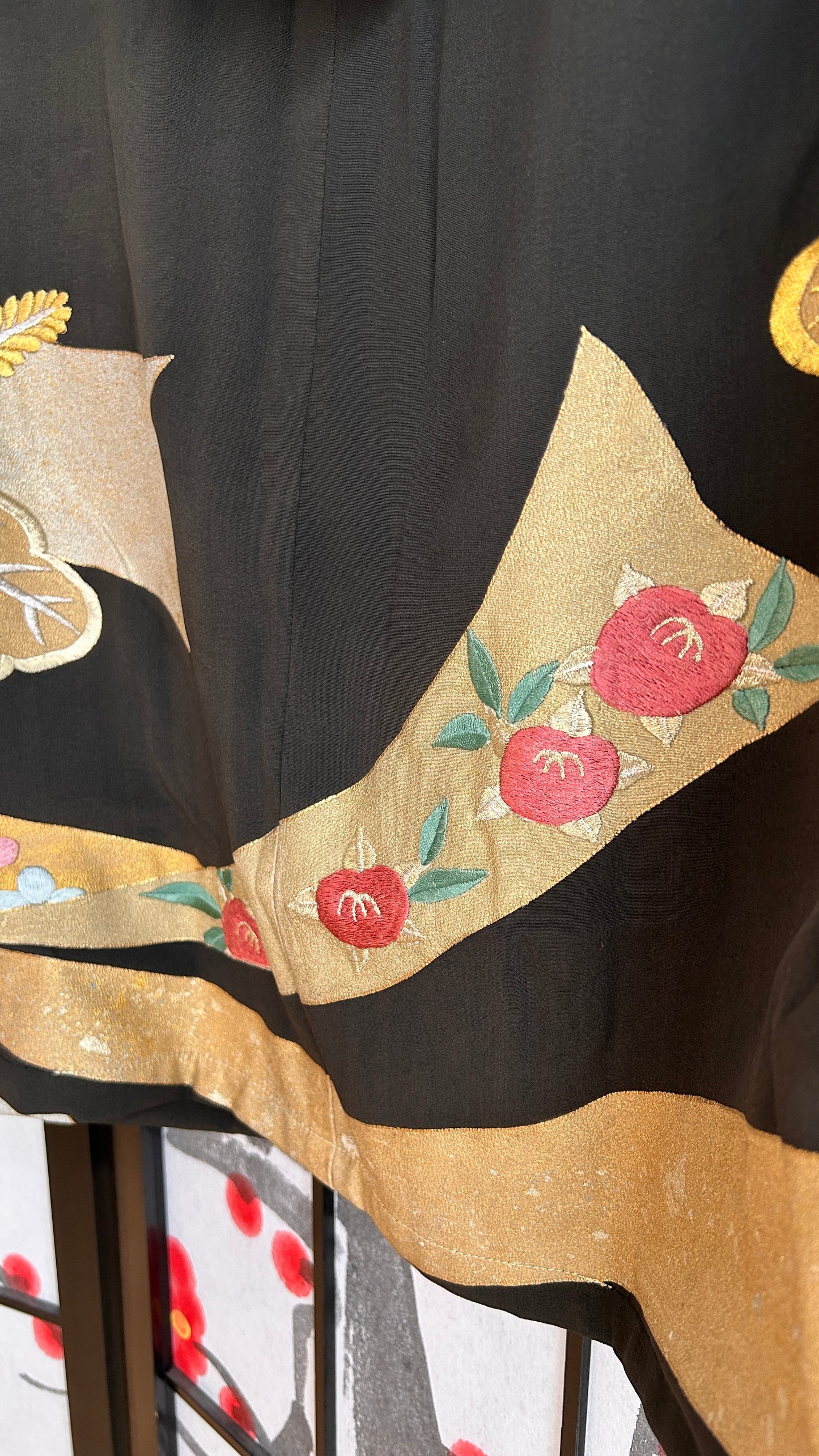 Upcycled Kimono Regular Hoodie with Zipper Black hand Painted Embroidered