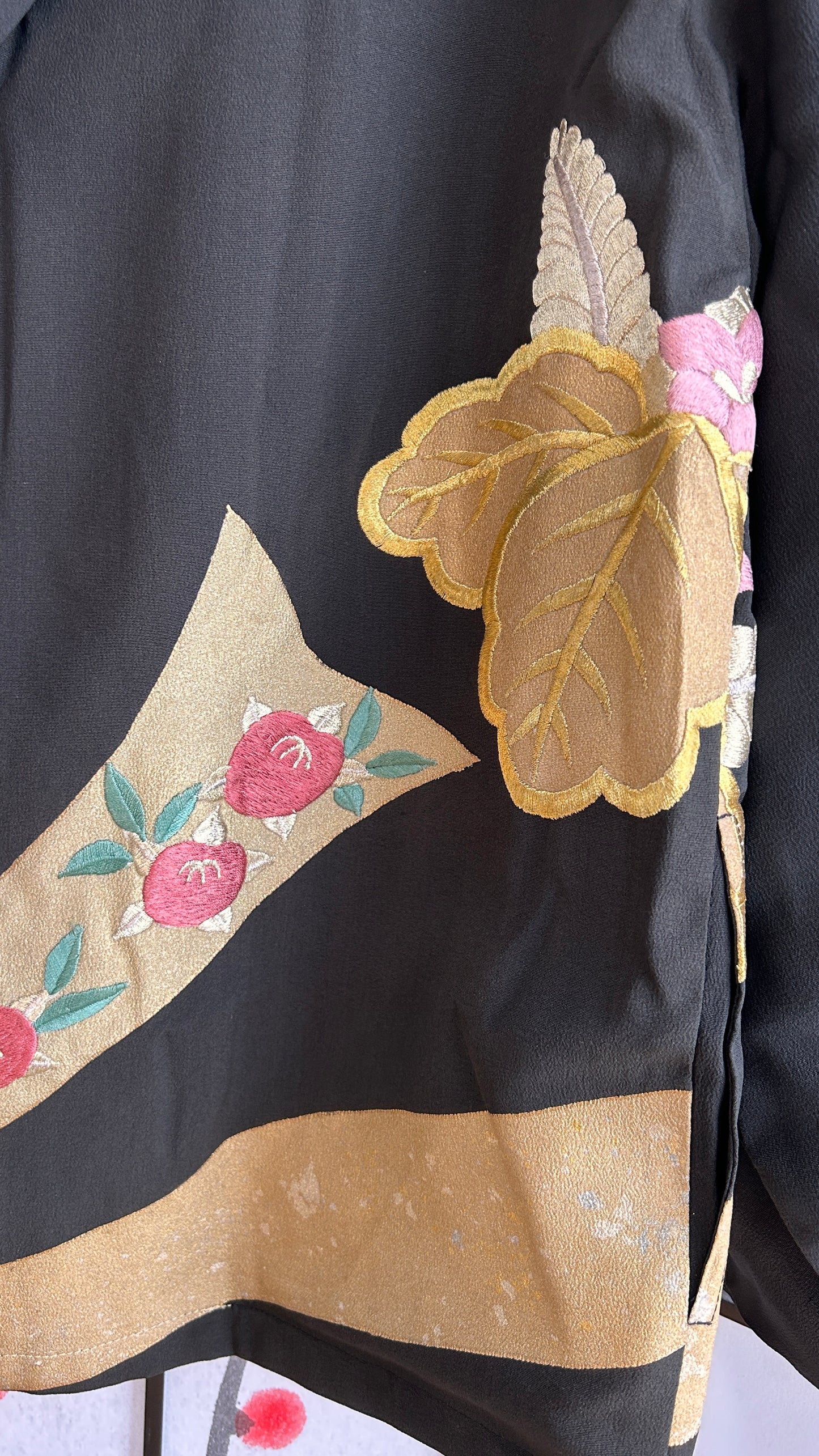 Upcycled Kimono Regular Hoodie with Zipper Black hand Painted Embroidered