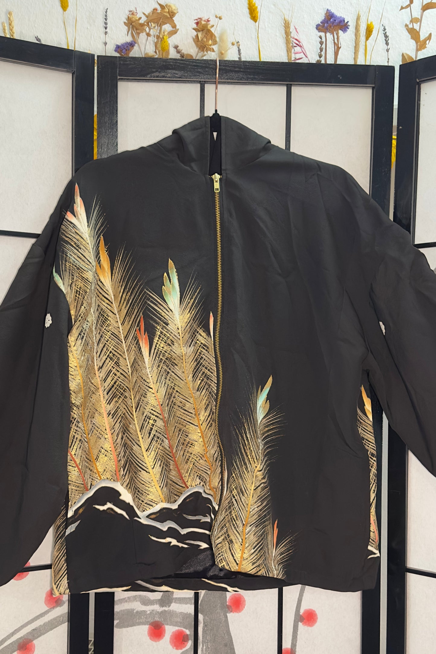 Upcycled Kimono Hoodie with Zipper Black