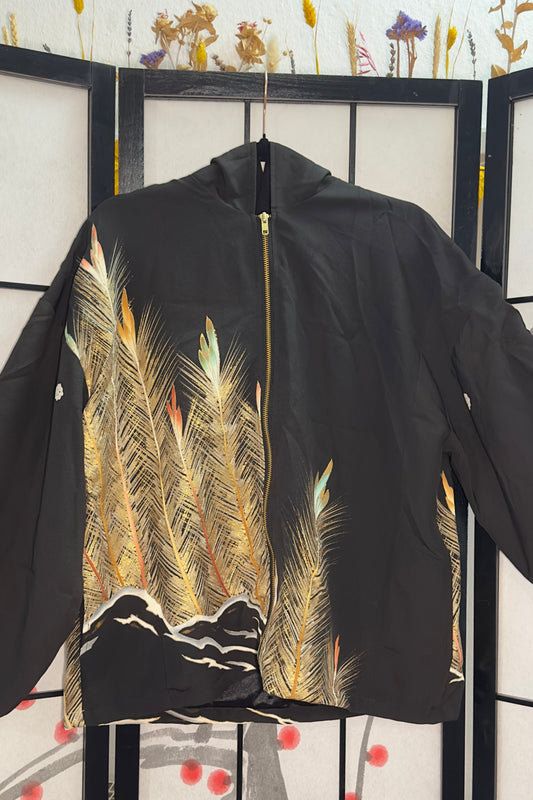Upcycled Kimono Hoodie with Zipper Black