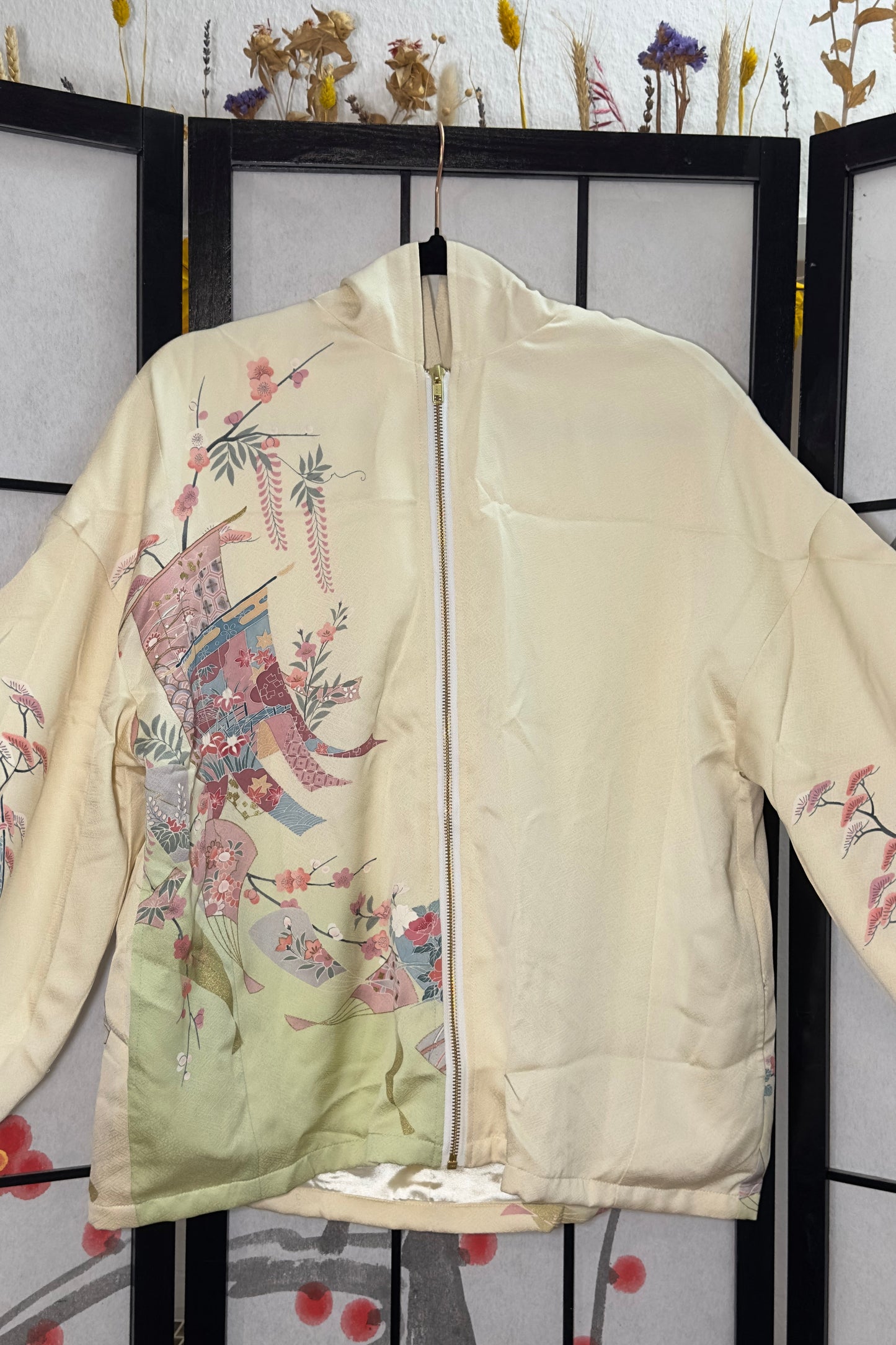 Upcycled Kimono Hoodie with Zipper Cream