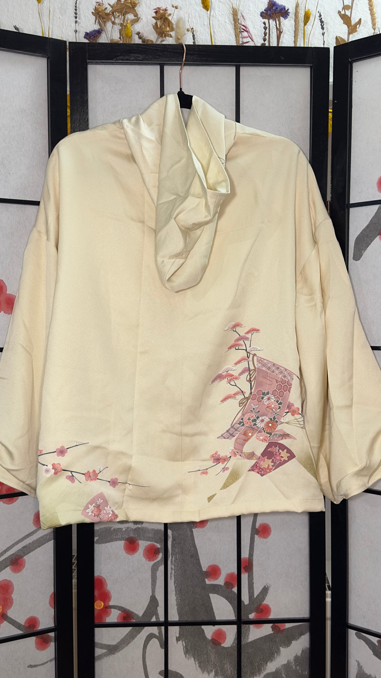 Upcycled Kimono Hoodie with Zipper Cream