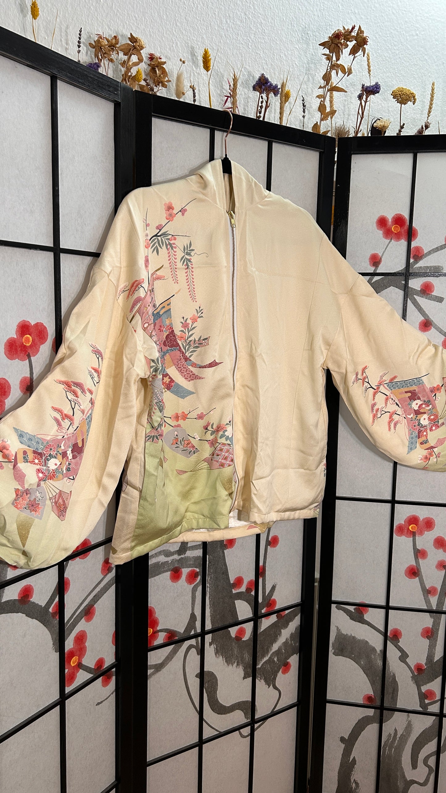 Upcycled Kimono Hoodie with Zipper Cream