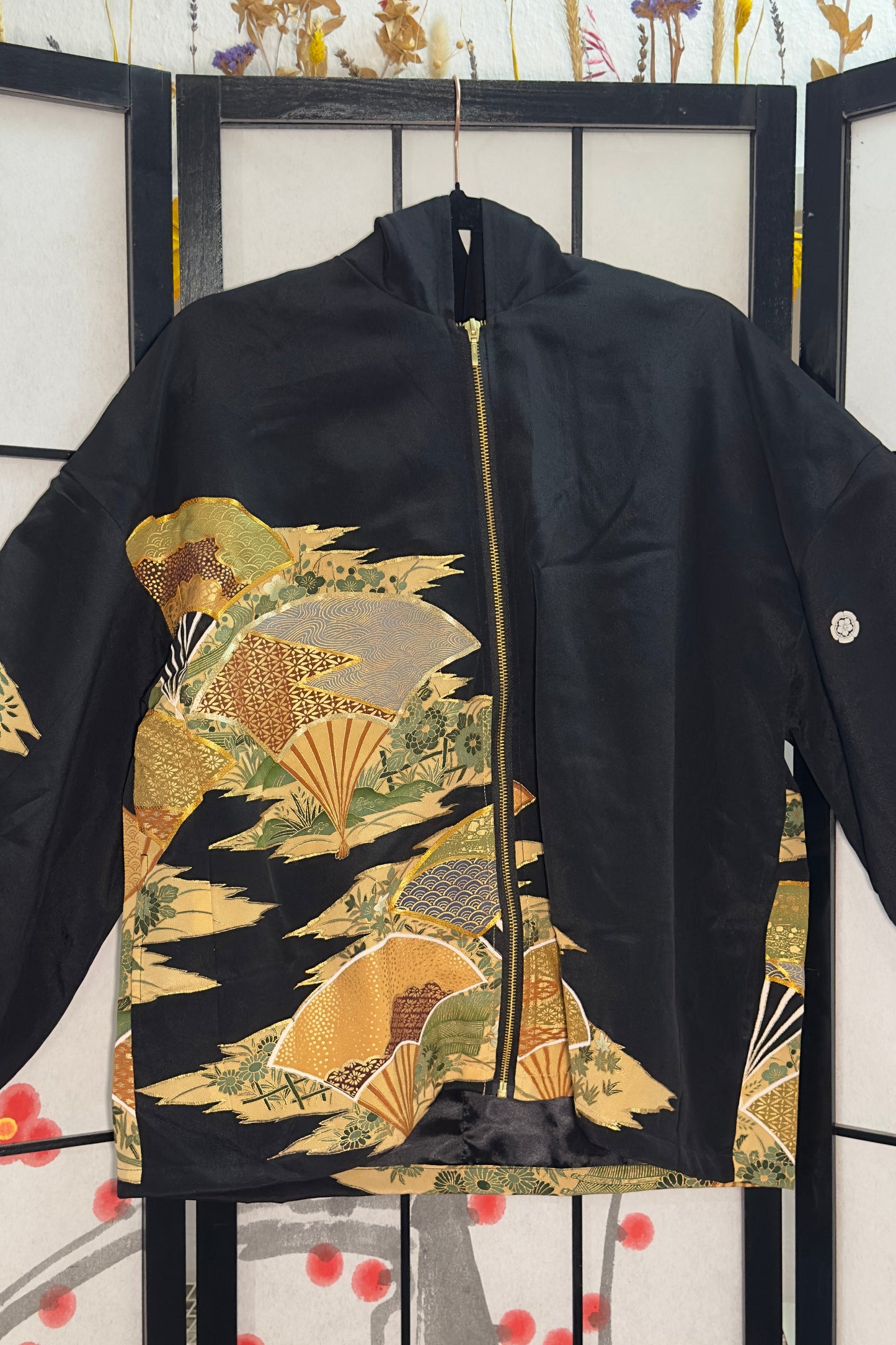 Upcycled Kimono Hoodie with Zipper Black