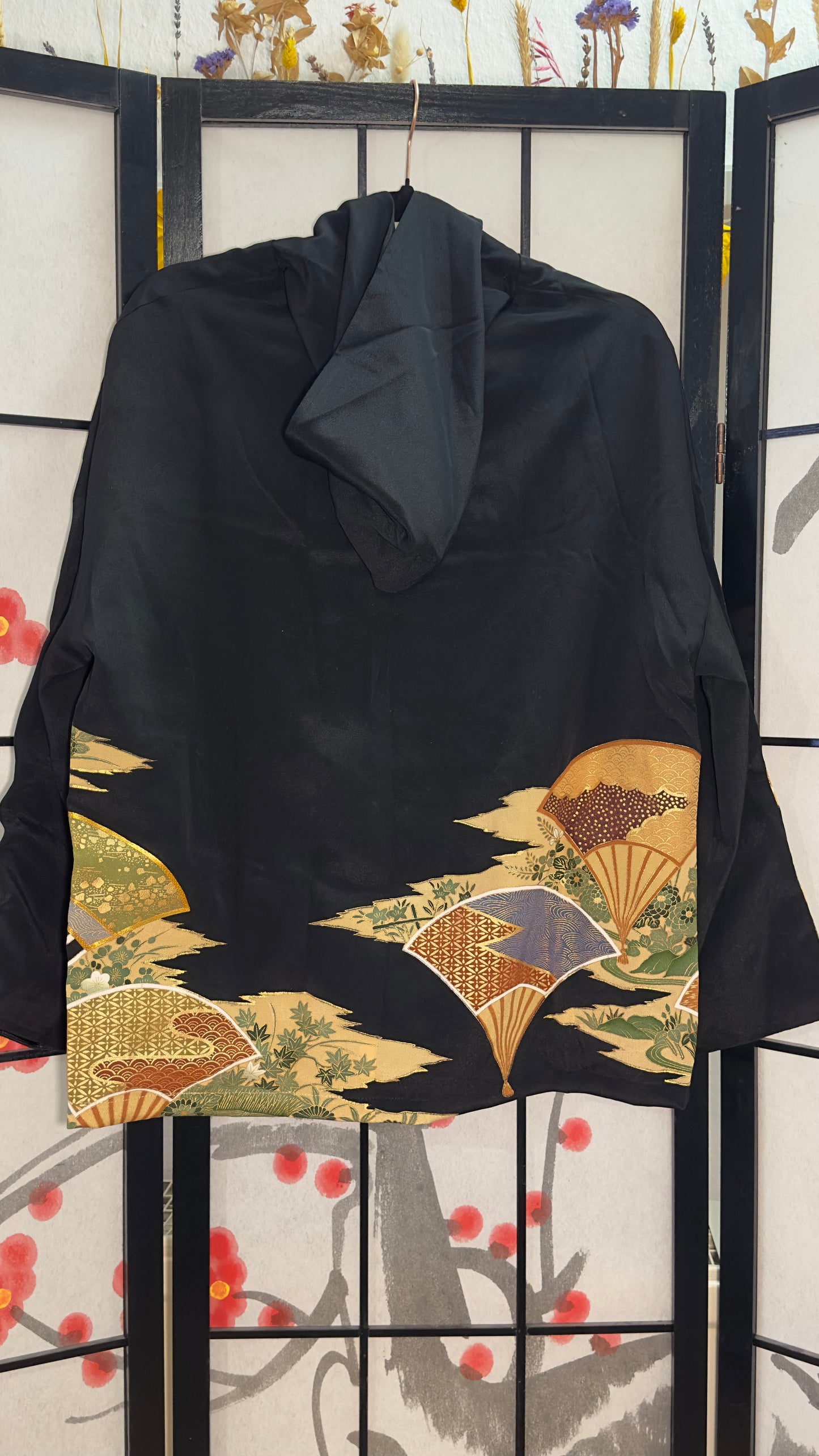 Upcycled Kimono Hoodie with Zipper Black