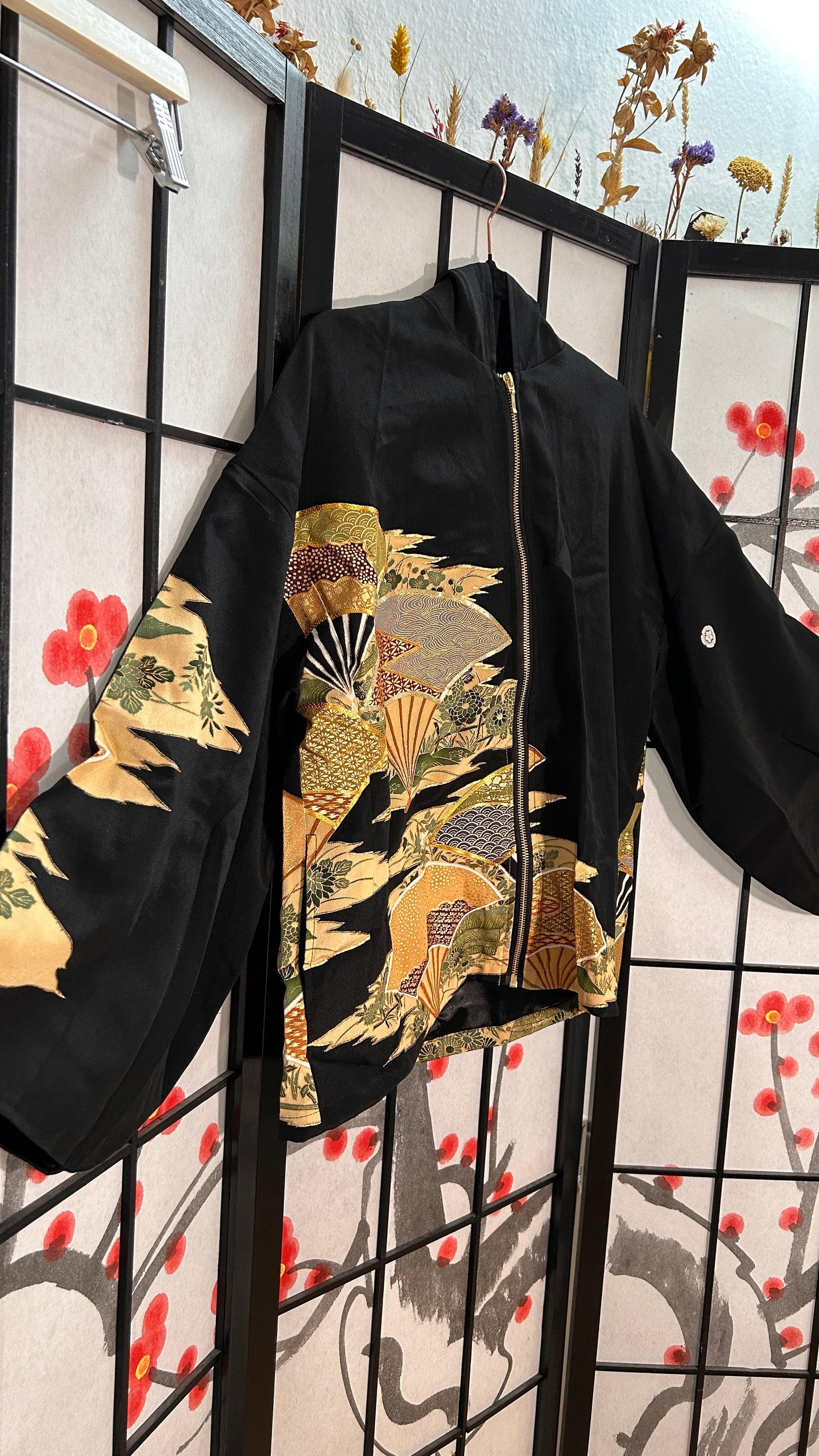 Upcycled Kimono Hoodie with Zipper Black