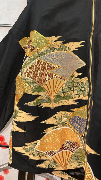 Upcycled Kimono Hoodie with Zipper Black
