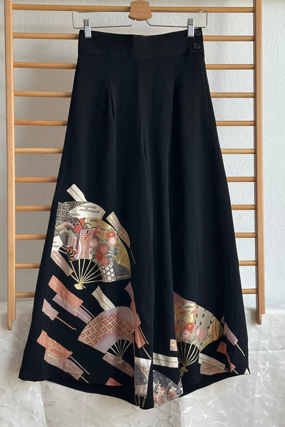 Palazzo Pants size M Petite Upcycled Kimono Black Fan