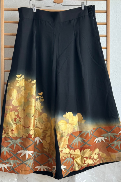 Palazzo Pants Upcycled Kimono Black Autumn gold painted