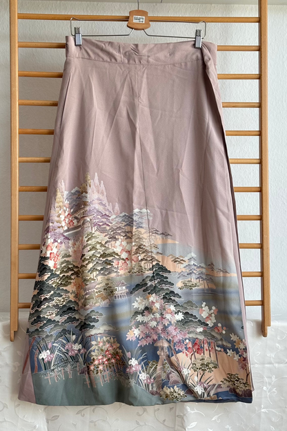 Wrap Skirt Upcycled Kimono Lavender Landscape