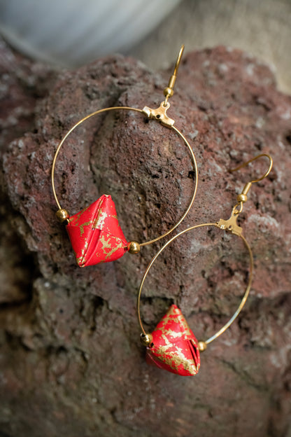 Sonobe Origami Red Creole Earrings