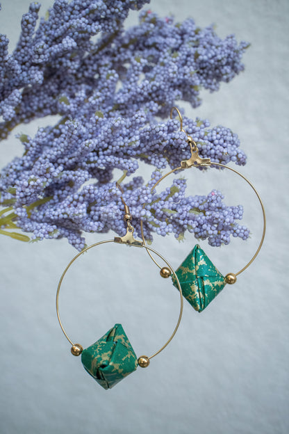 Sonobe Origami Green Creole Earrings
