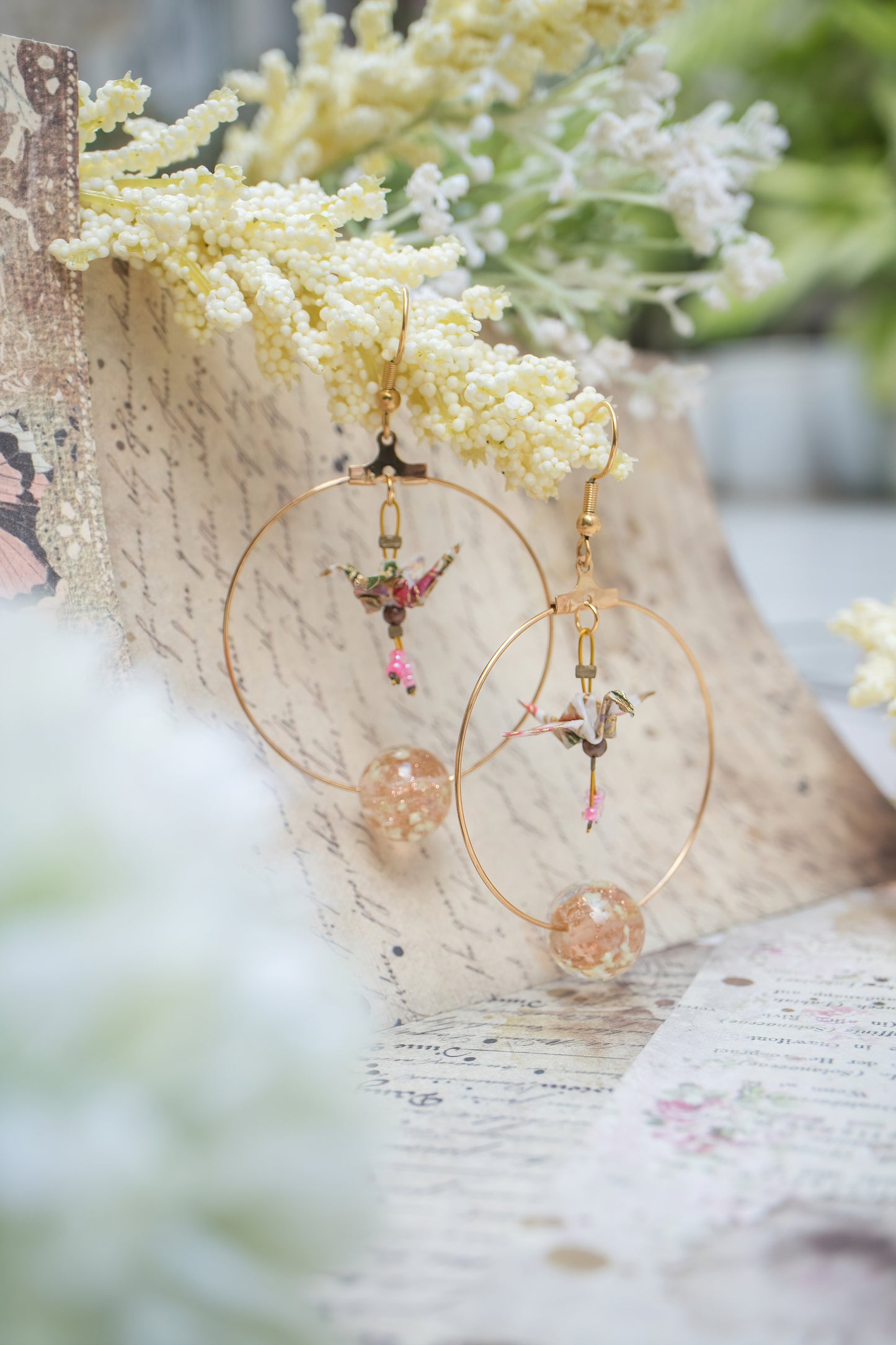 Crane Origami in Creole Earrings