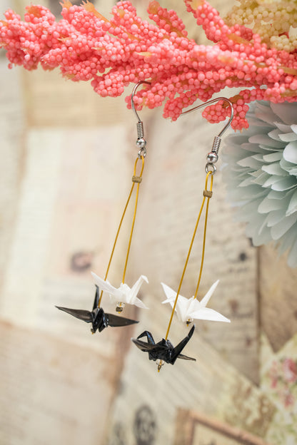 Double mini Crane Black & White Origami Earrings